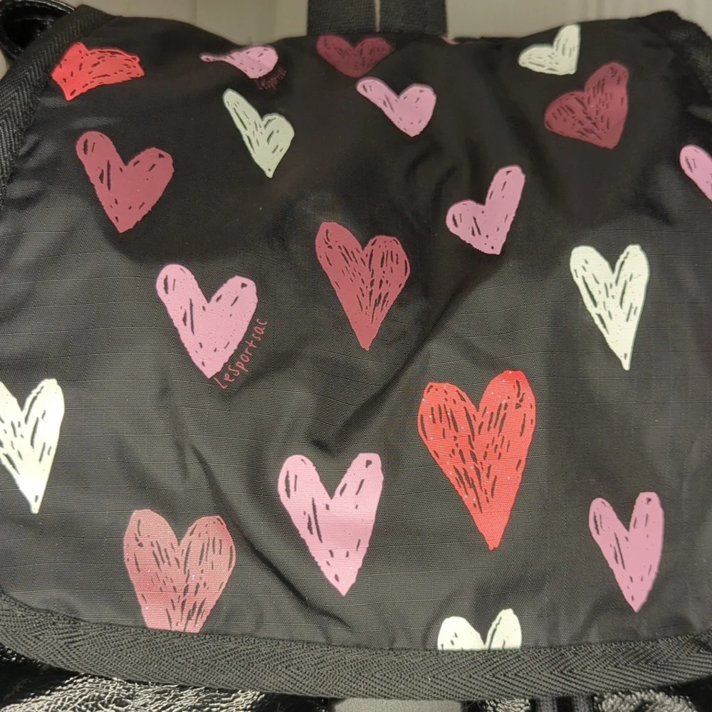 LeSportsac Black Backpack with Red, Pink, White Hearts - Picture 3 of 9